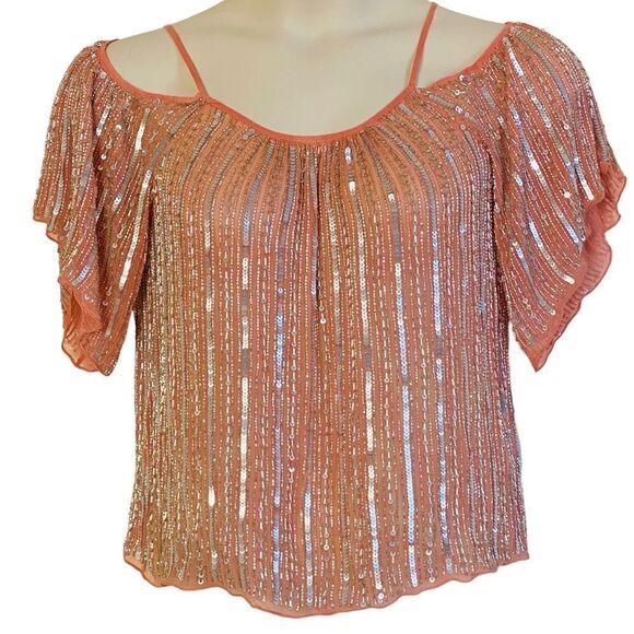 Parker Border Cold Shoulder Beads Sequins Embellished Marmalade Blouse Sz XS - Picture 5 of 8